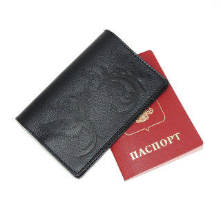 Обложка для паспорта черная кожаная Птица